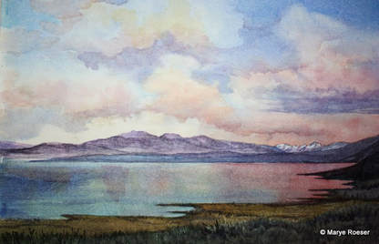 Clouds Flying over Mono Lake original watercolor for sale